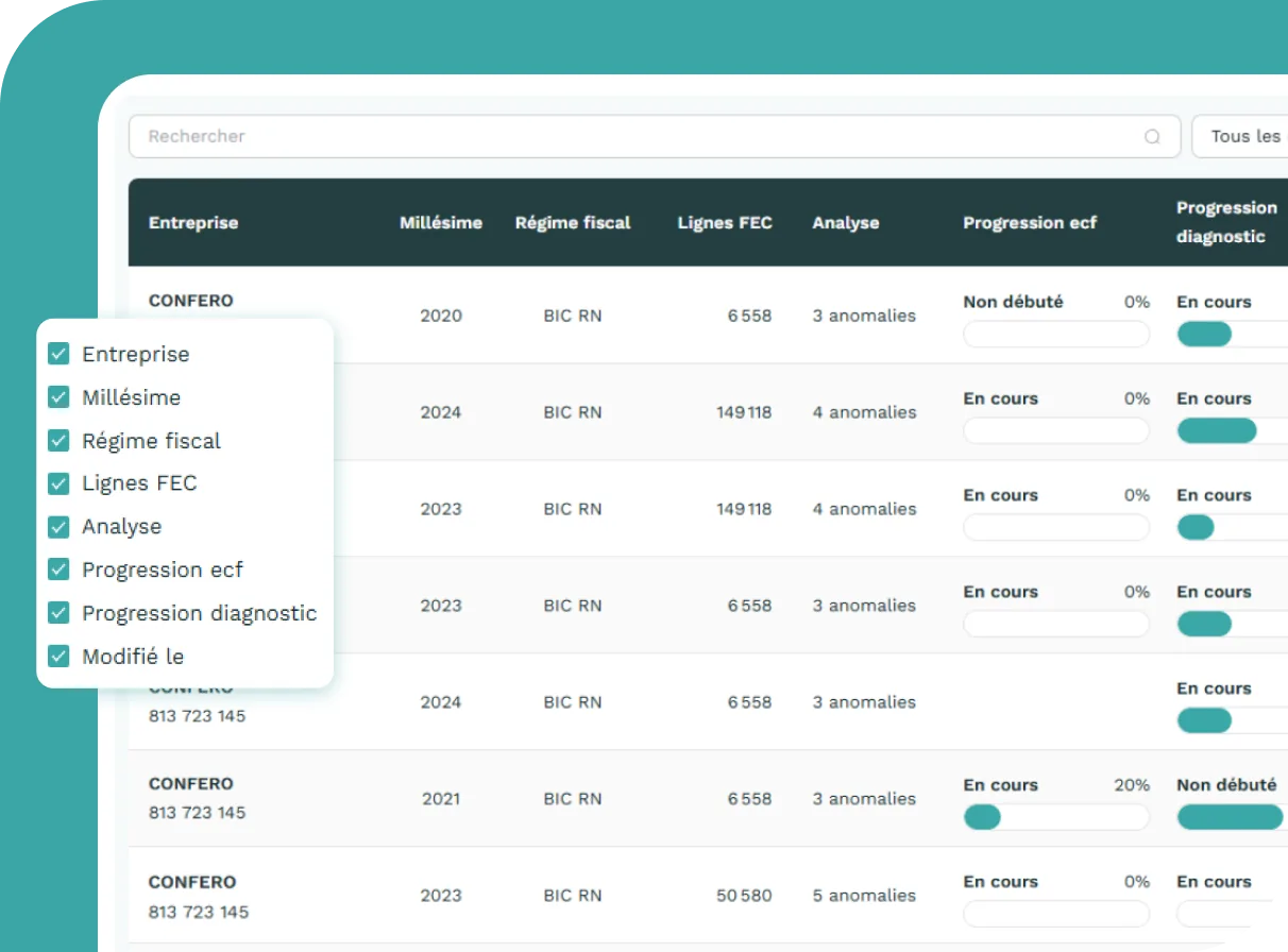 Aperçu du tableau de bord e-ECF : suivi des examens de conformité fiscale par entreprise (millésime, régime fiscal, lignes FEC, analyse, progression).