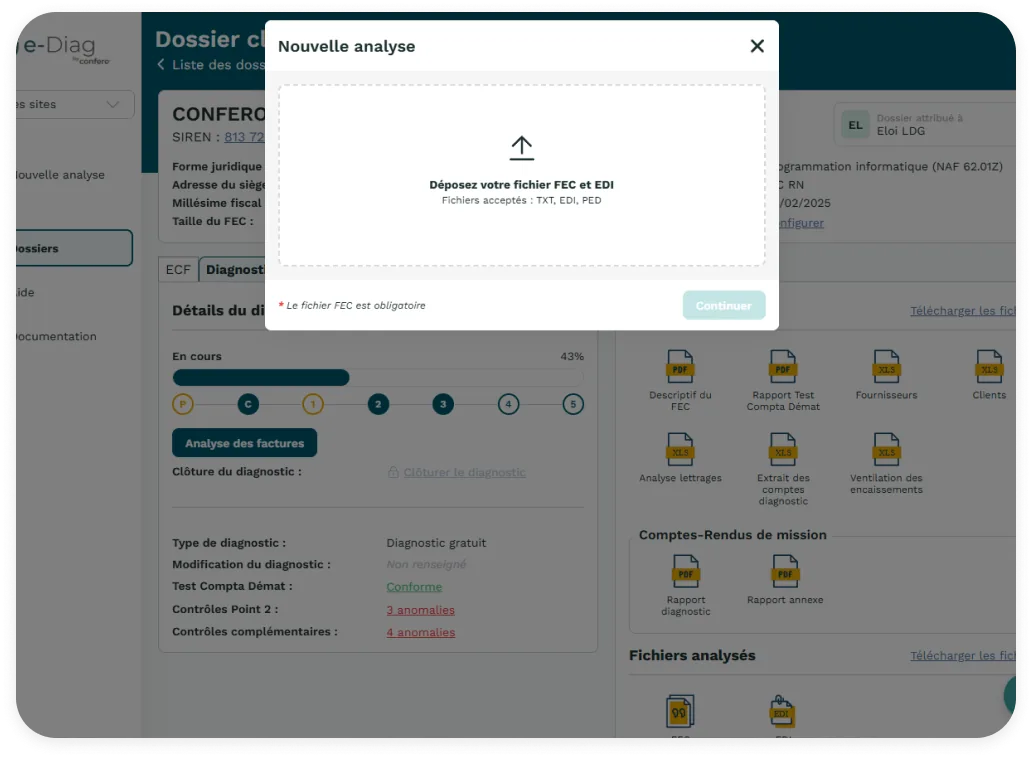 Étape 1 — Dépôt et analyse du FEC et de la liasse EDI dans l'application e-Diag
