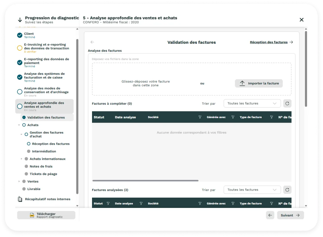 Étape 2 — Dépôt de factures type fournisseurs et clients dans l'application e-Diag