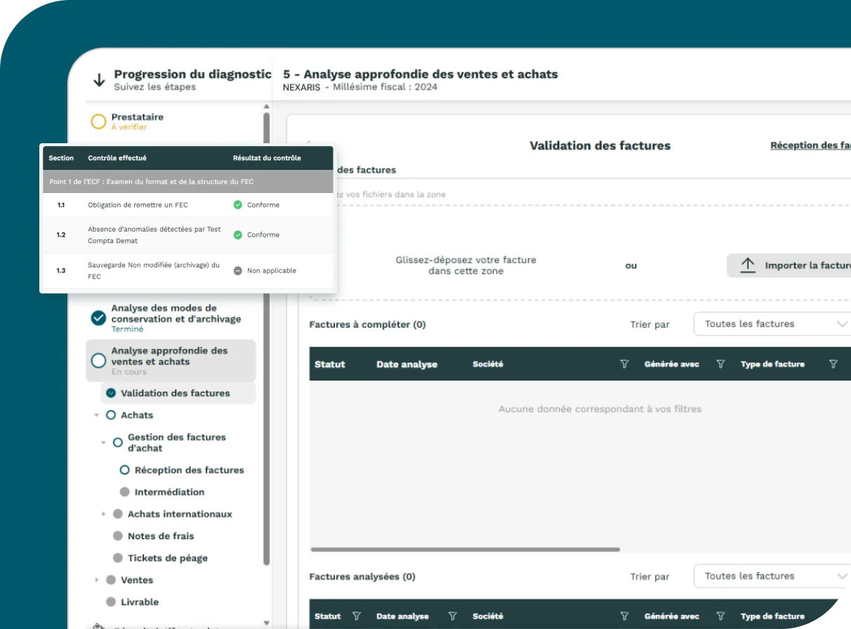 Aperçu du tableau de bord e-Diag : diagnostic de la facture électronique avec le résultat du contrôle FEC.