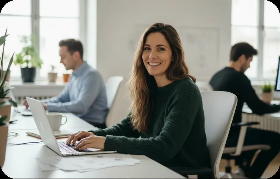 Une collaboratrice souriante travaille sur son ordinateur portable dans un cabinet d’expertise comptable en open-space.