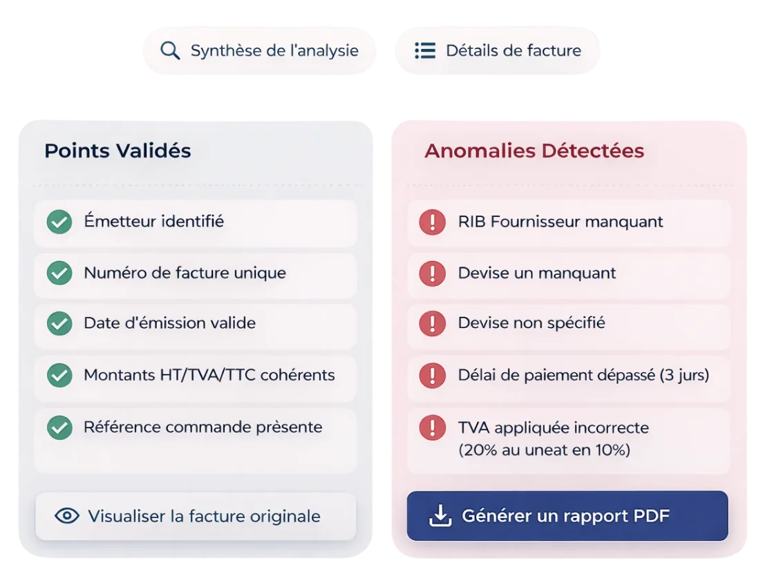 Aperçu d’analyse de facture : points validés et anomalies détectées