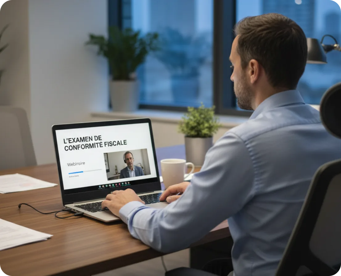 Un homme travaille sur son ordinateur portable affichant un webinaire Confero sur l'examen de conformité fiscale, dans un bureau lumineux